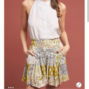 Anthropologie Maeve Patchwork Pleated Shorts Large‎ Flowy Cottagecore Beige Boho